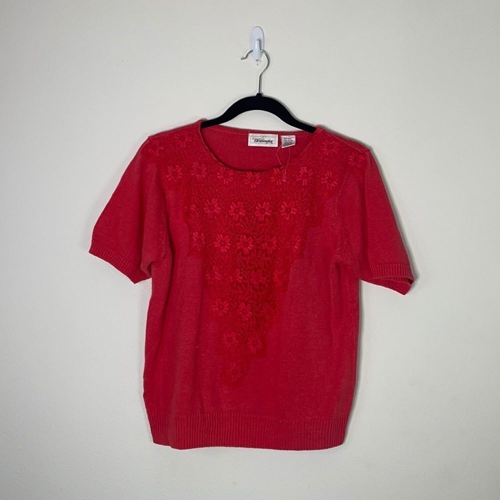 Worthington Orange Red Shirt Sleeve Appliquéd Sweater Size Medium
